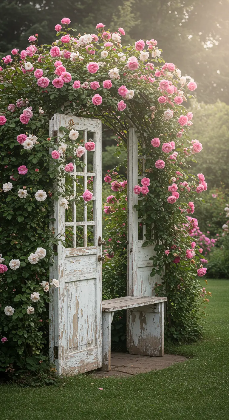 Zwei weiße Türen bilden einen von rosa Rosen umrankten Bogen mit einer Bank darin.