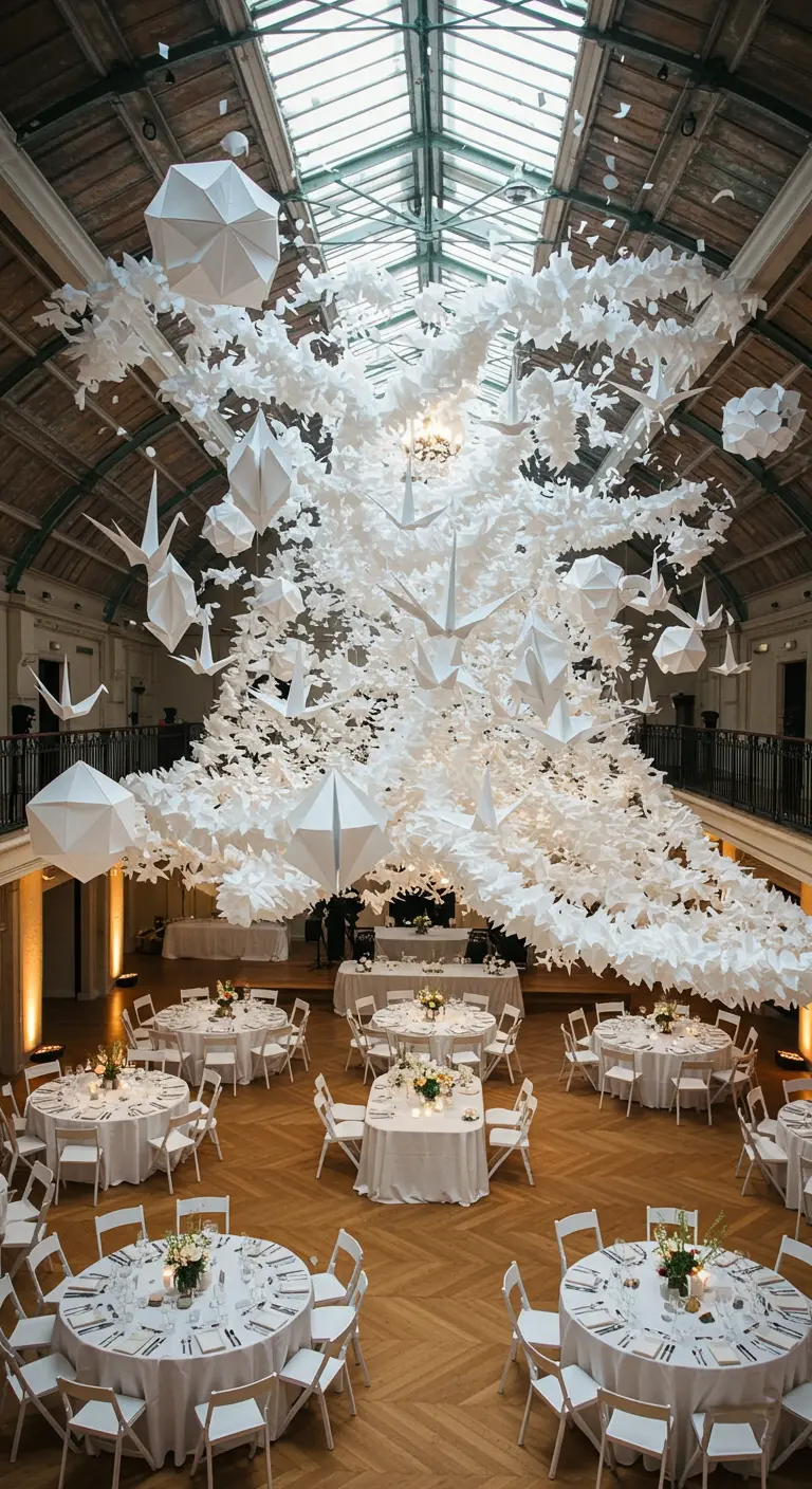 Gewaltige Deckeninstallation aus hunderten von weißen Origami-Figuren in einem Festsaal.