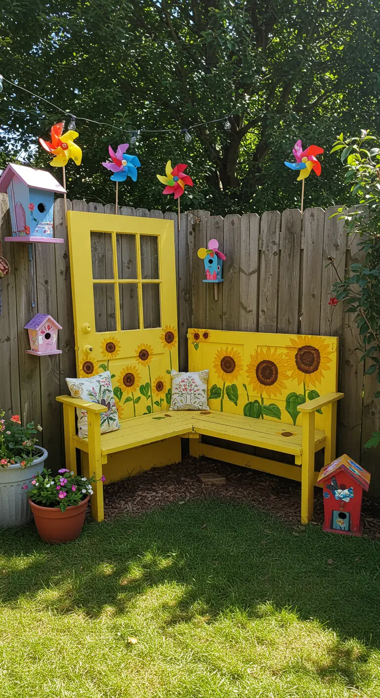 Gelbe Eckbank aus zwei Türen, bemalt mit Sonnenblumen, in einer Gartenecke.