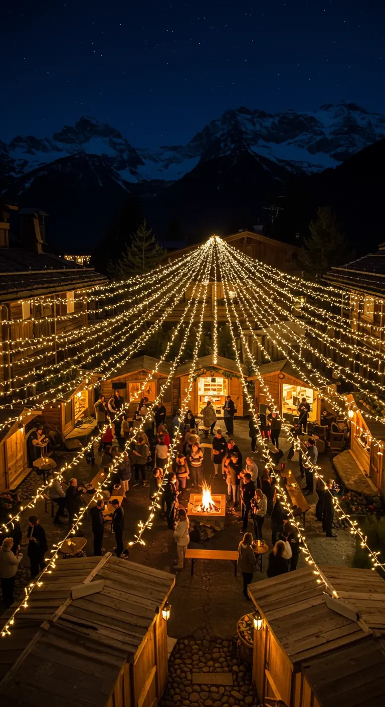 Ein Innenhof bei Nacht, überspannt von einem strahlenförmigen Dach aus Lichterketten.