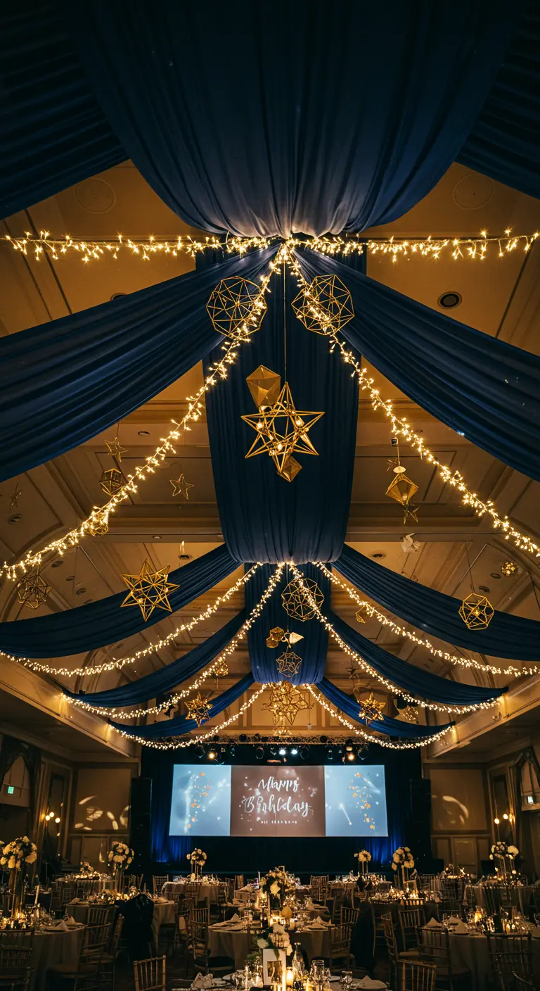 Hohe Decke, dekoriert mit Bahnen aus blauem Samt, Lichterketten und hängenden goldenen Sternen