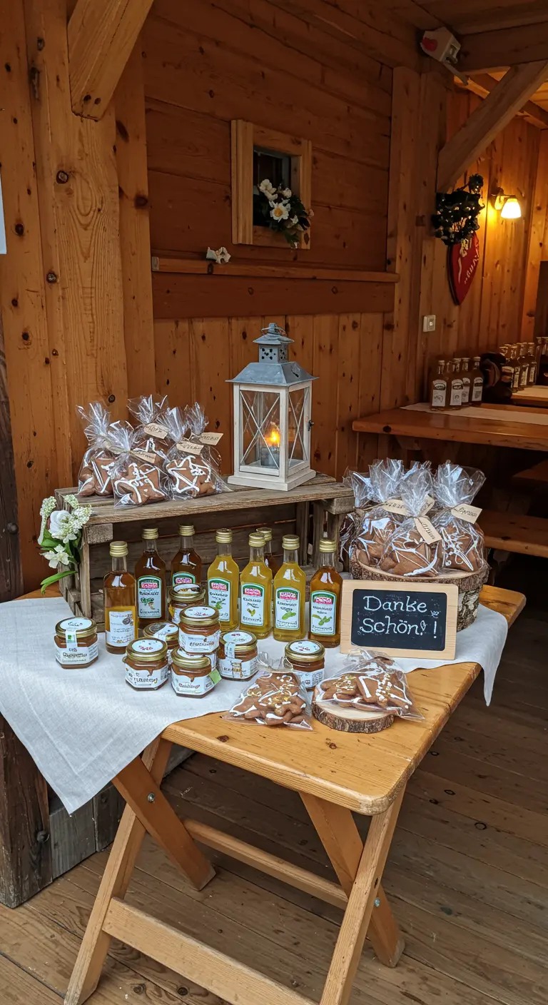 Tisch mit Gastgeschenken: Lebkuchen, Likörflaschen und ein 'Danke Schön'-Schild.
