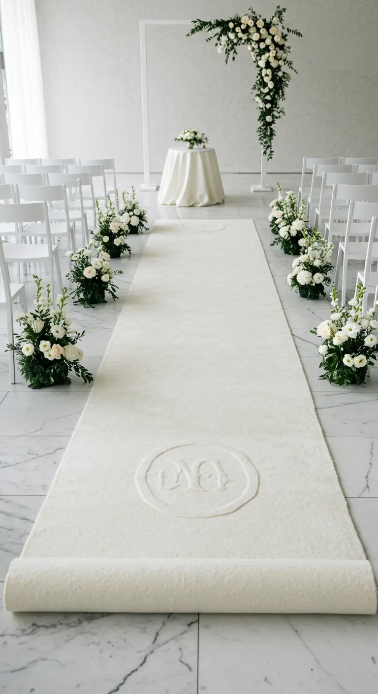 Weißer, flauschiger Teppich als Trauungsgang mit eingeprägtem Monogramm.