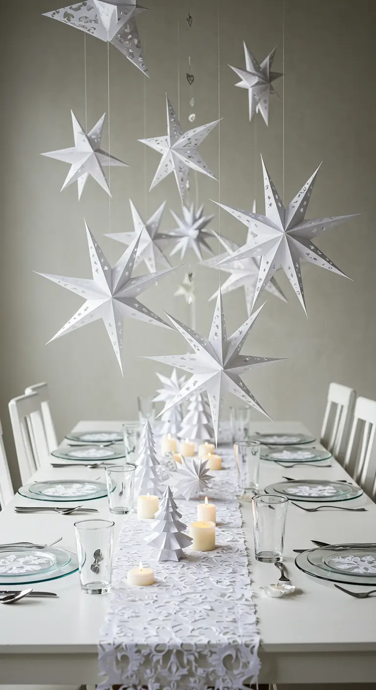 Weiße Tischdeko mit schwebenden Papiersternen und Papiertannenbäumen.