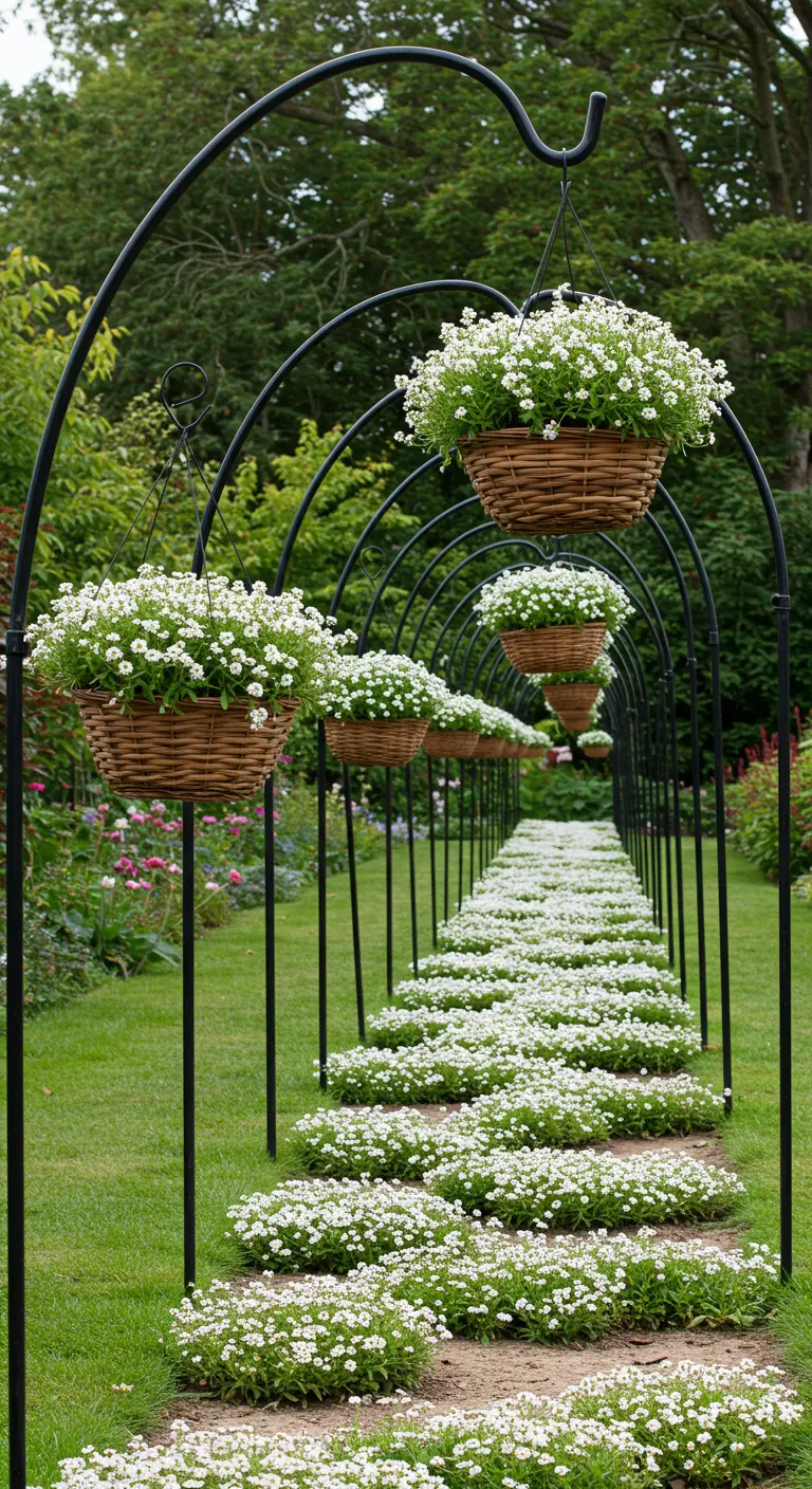 Weidenkörbe mit weißen Blumen hängen an einer Reihe von schwarzen Metallbögen und bilden einen Tunnel.