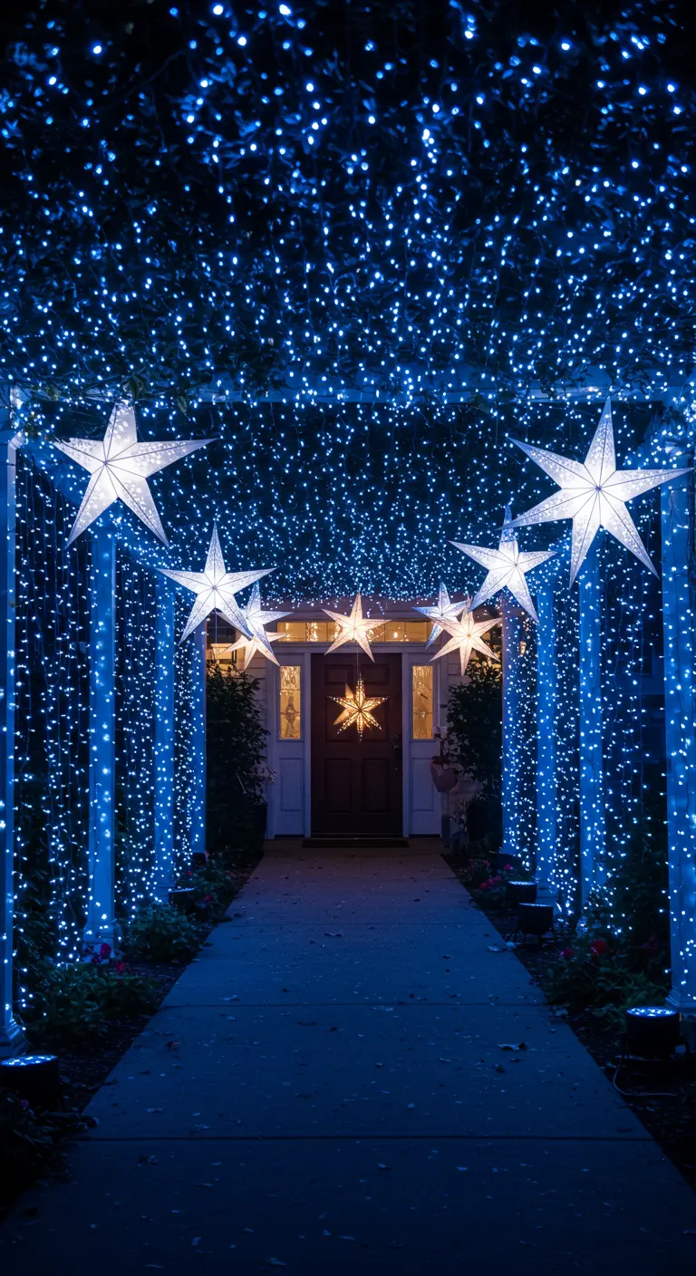 Gartenweg unter einer mit blauen Lichtern und hängenden Sternen bedeckten Pergola.