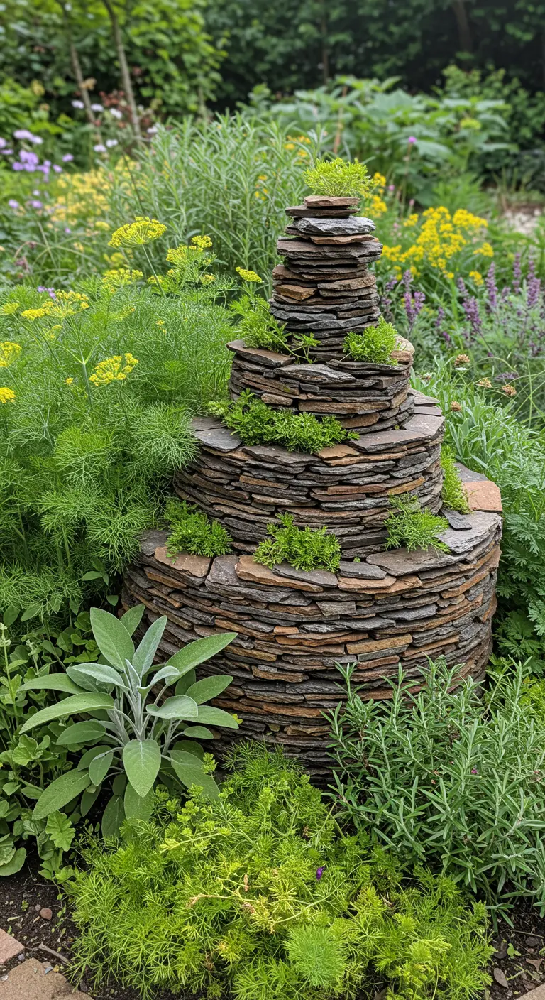 Hohe Kräuterspirale aus vielen dünnen, geschichteten Schieferplatten, umgeben von gelben Blüten.