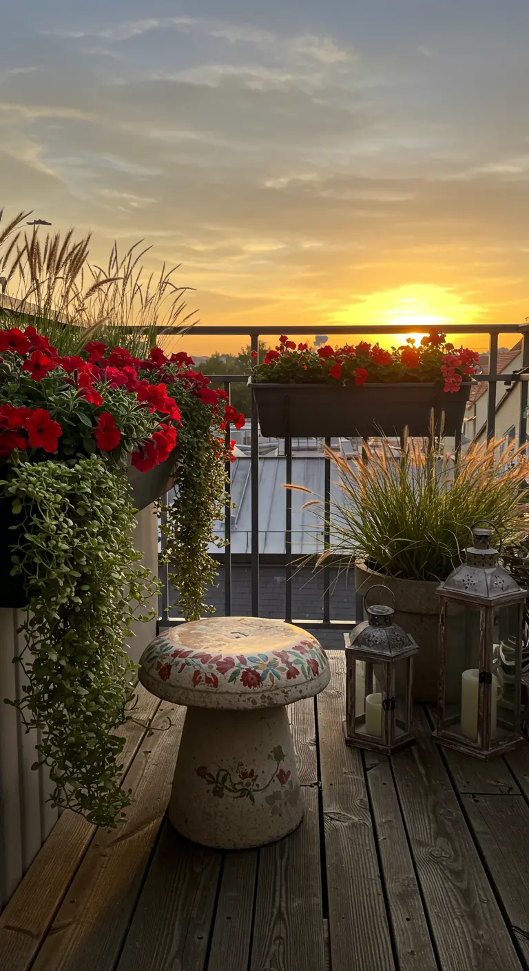 Ein kunstvoll bemalter Beton-Pilzhocker auf einem Holzbalkon bei Sonnenuntergang.