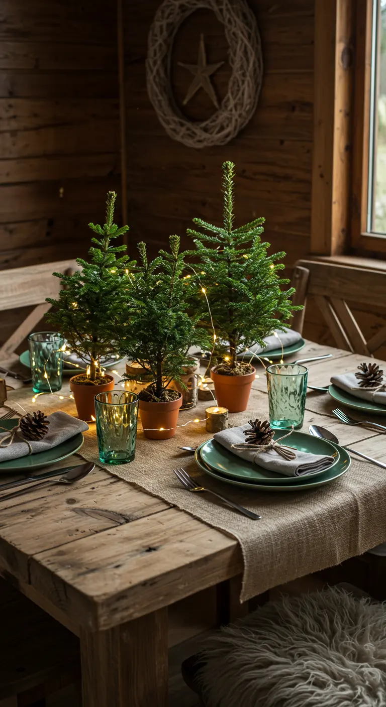 Rustikaler Holztisch mit kleinen Tannenbäumen in Tontöpfen als Tischdeko.