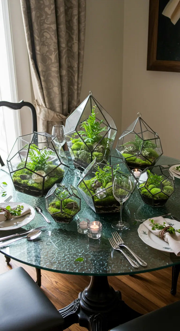 Eine Sammlung geometrischer Glas-Terrarien als Centerpiece auf einem Glastisch.