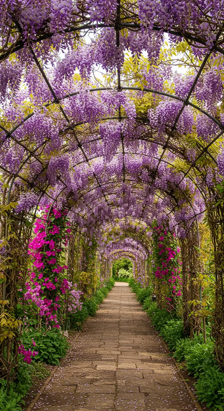 Ein langer Tunnel, der über und über mit lila und pinken Blauregenblüten bedeckt ist.