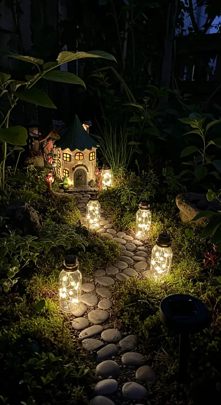 Ein Miniatur-Feengarten, dessen kleiner Steinweg von leuchtenden Mini-Gläsern gesäumt ist.