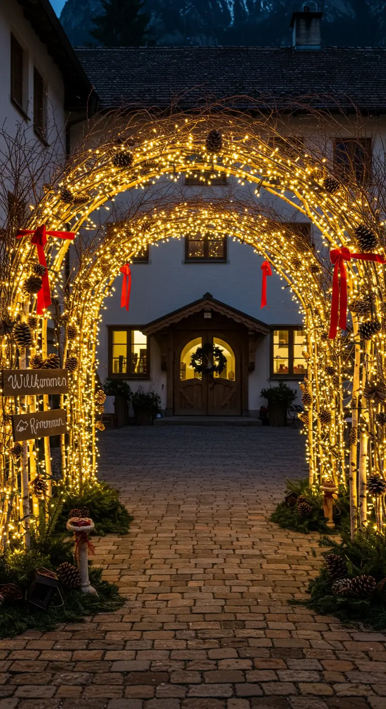 Ein leuchtender Torbogen aus Zweigen und Lichterketten führt zu einem Haus.