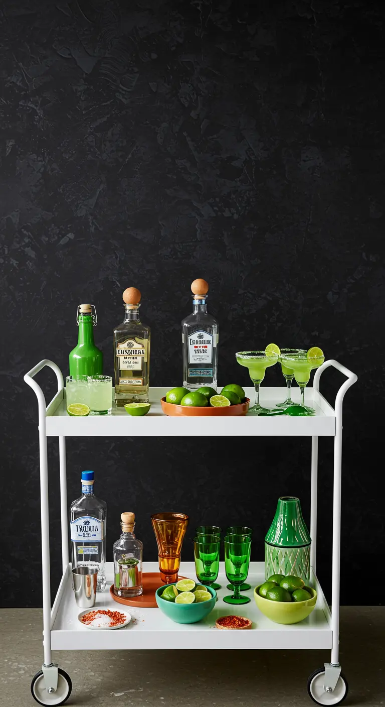 Weißer Barwagen, gestylt als Margarita-Station mit Limetten, Tequila und grünen Gläsern