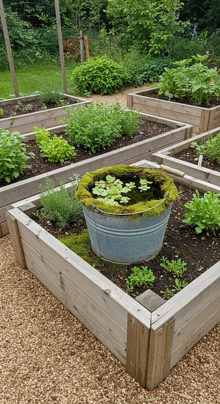 Ein kleiner Zinkeimer mit Wasserpflanzen steht als Wasserquelle in einem hölzernen Hochbeet.