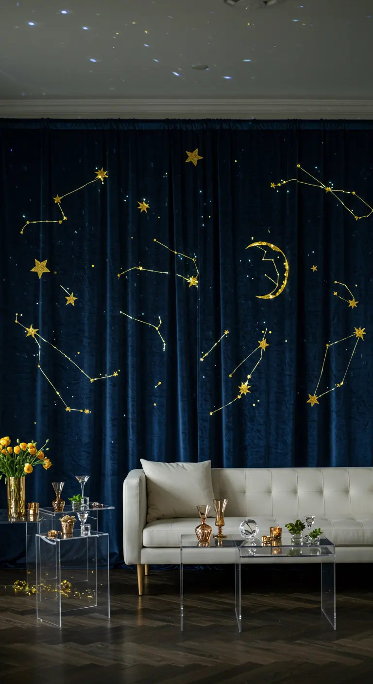 Nachtblauer Samtvorhang, dekoriert mit goldenen Sternen und Sternbildern als Party-Backdrop.