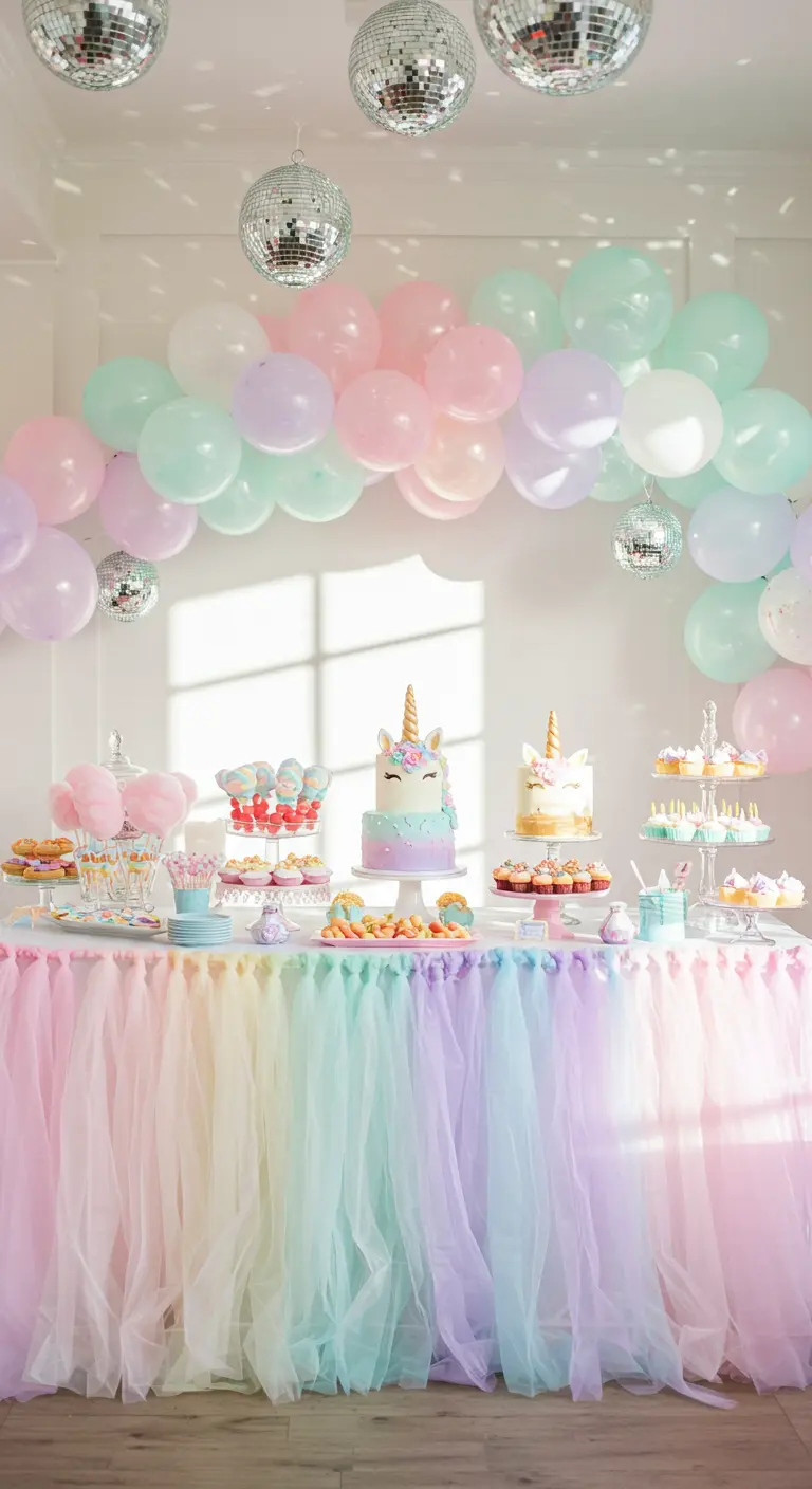 Einhorn-Party-Buffet in Pastellfarben mit Tüll-Tischrock, Ballonbogen und Discokugeln