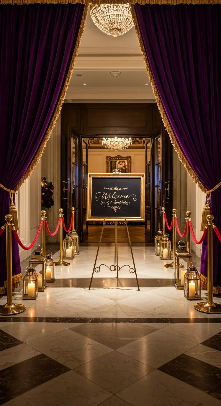 Großer Eingangsbereich, flankiert von violetten Samtvorhängen, goldenen Absperrungen und Laternen