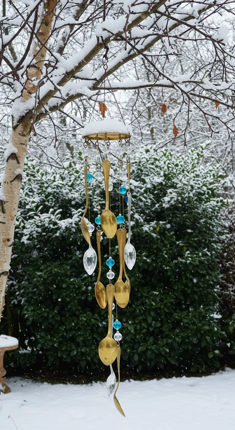 Besteck-Windspiel mit blauen und klaren Perlen, das im Schnee an einer Birke hängt.