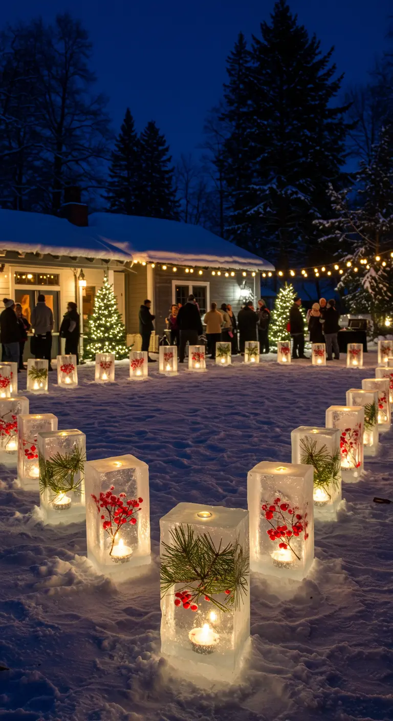 Leuchtende Eisblöcke mit eingefrorenen Beeren und Zweigen stehen als Laternen im Schnee.