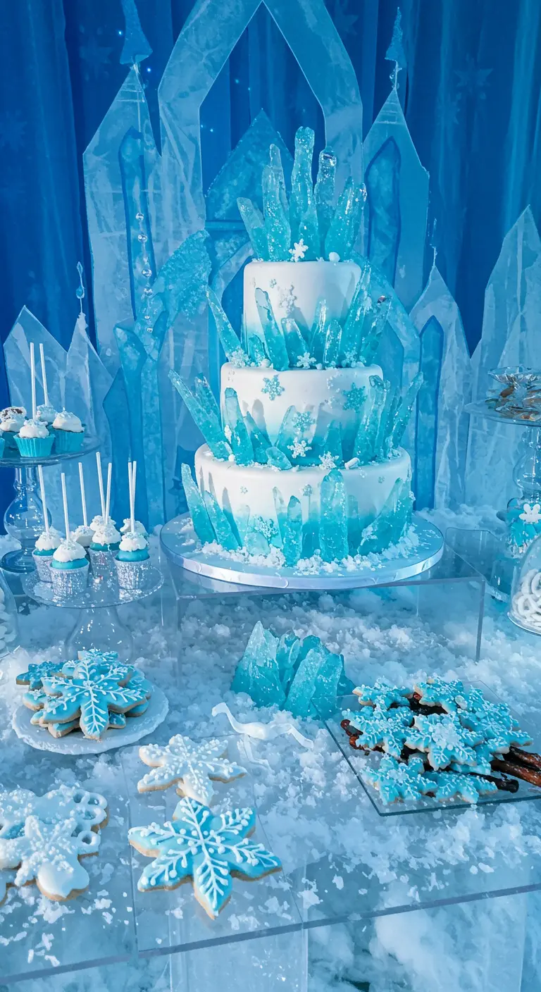 Weiße Torte, verziert mit großen blauen Zuckerkristallen in einer eisigen Landschaft.