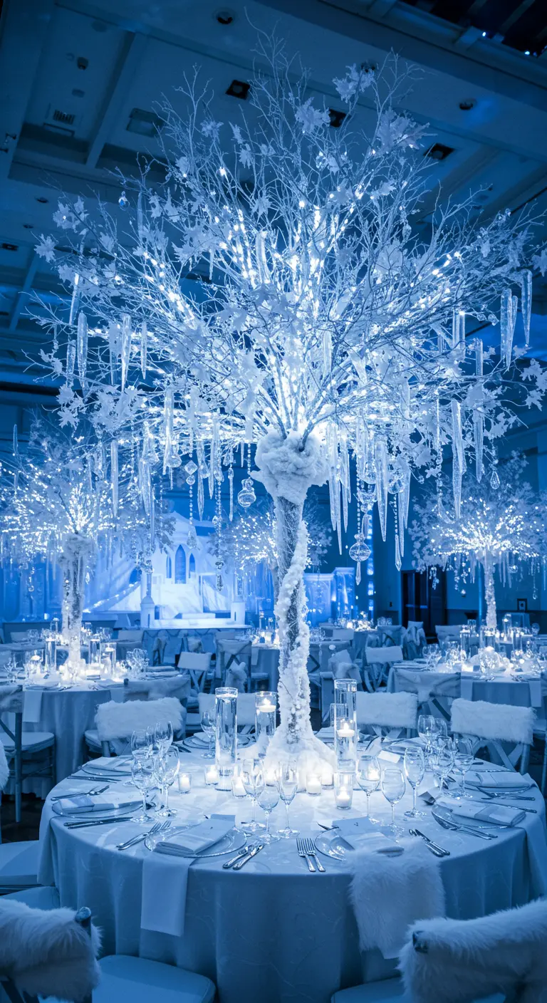 Großer, weißer Deko-Baum mit Eiszapfen und Lichtern als Tisch-Mittelpunkt.