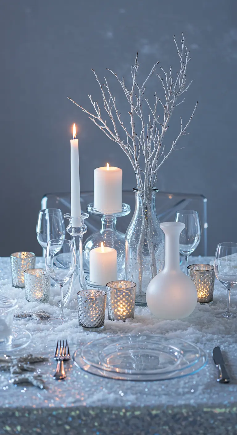 Eisige Tischdeko in Weiß und Silber mit gefrosteten Ästen und Glitzer.