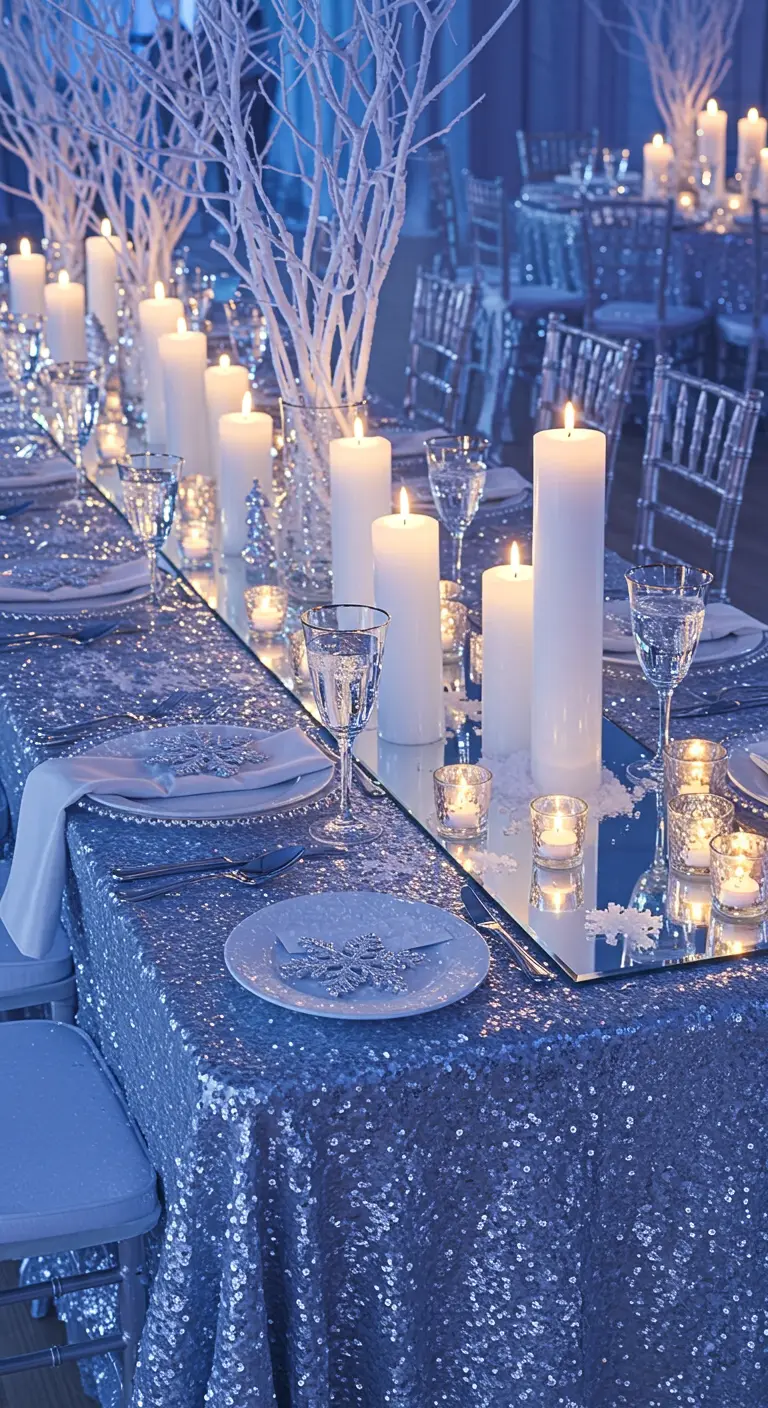 Winterlich gedeckter Tisch mit silberner Pailletten-Decke, Spiegeln und weißen Kerzen