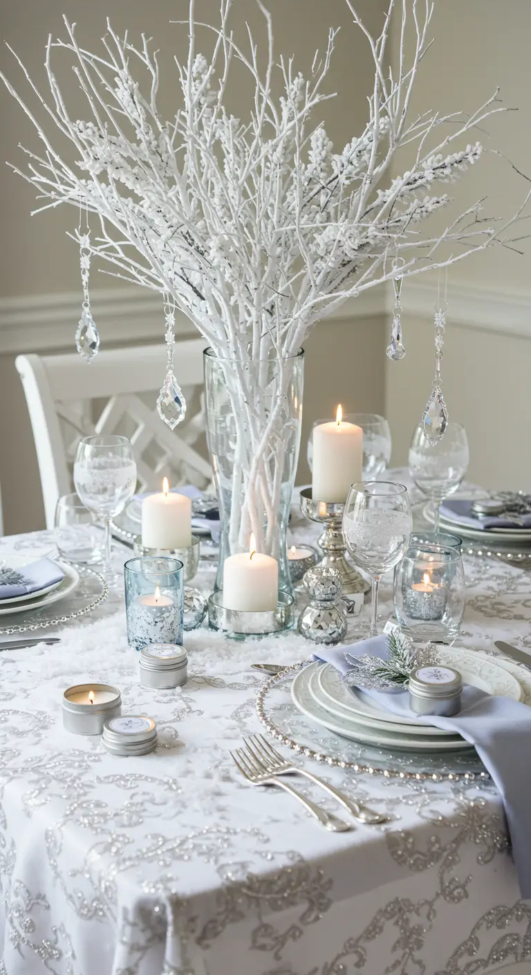 Winterliche Tischdekoration in Weiß und Silber mit weißen Ästen und Kristallanhängern.