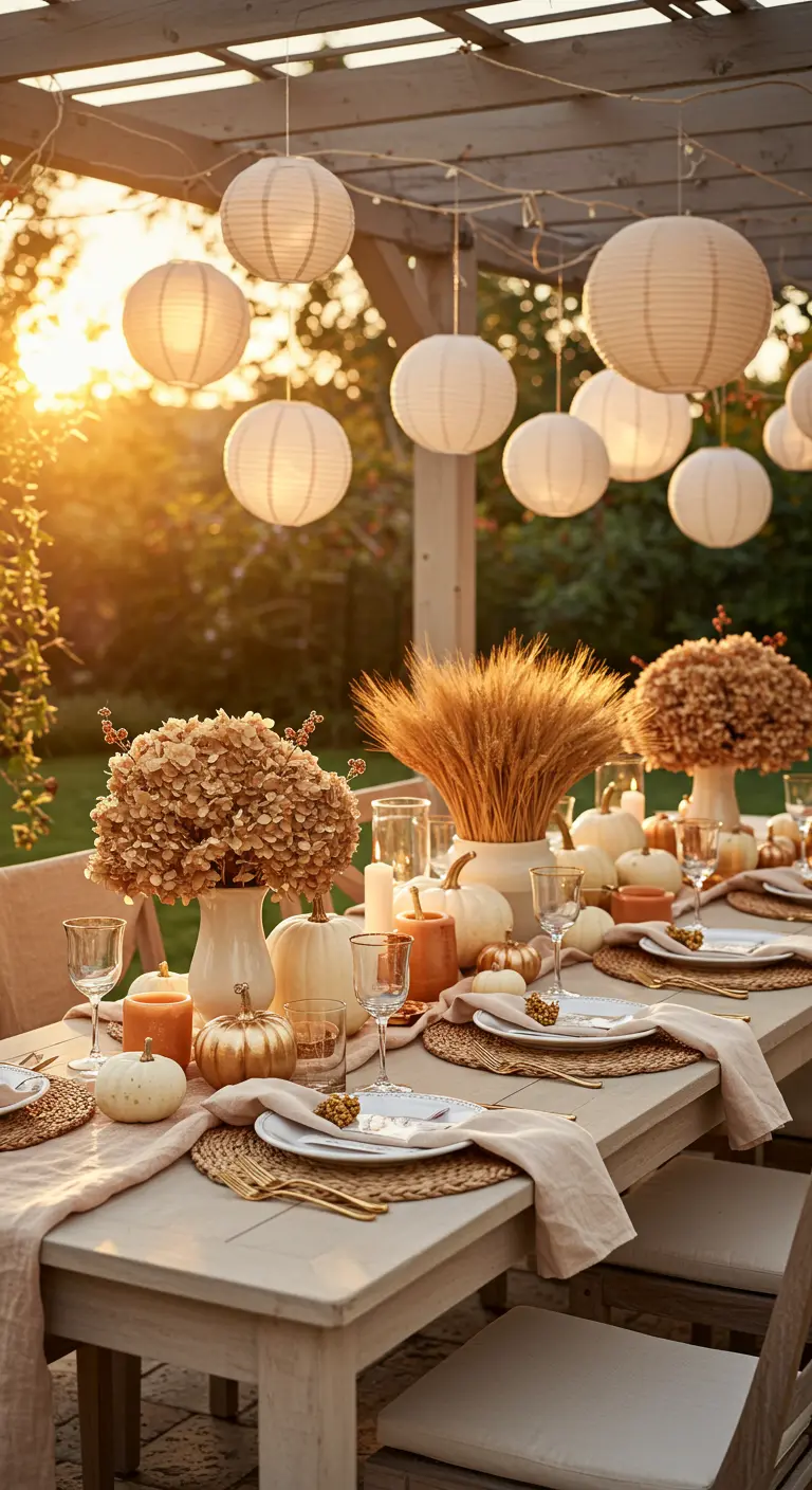 Herbstlich gedeckter Tisch im Freien mit weißen Kürbissen, getrockneten Blumen und Papierlampions.