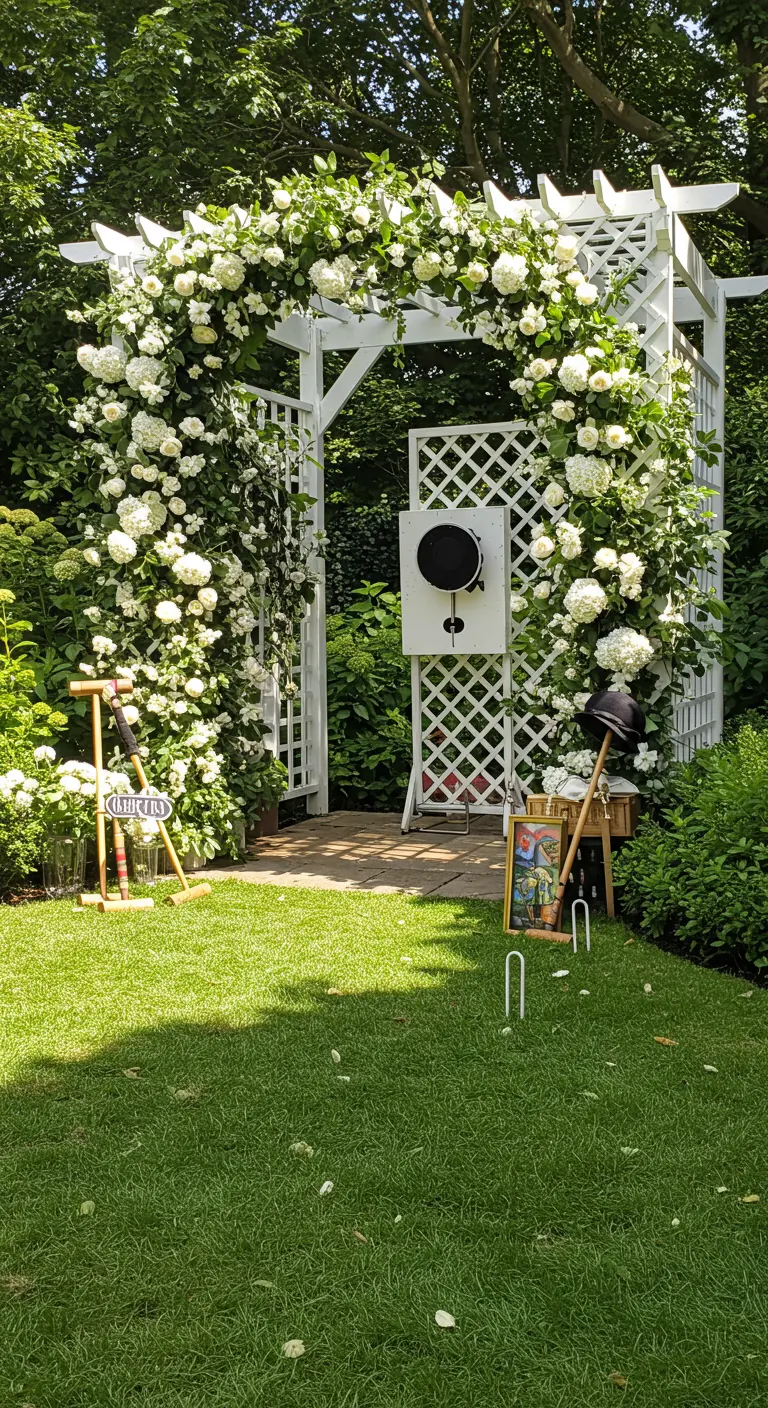 Ein weißer, mit Rosen bewachsener Gartenbogen, der als Fotohintergrund dient.