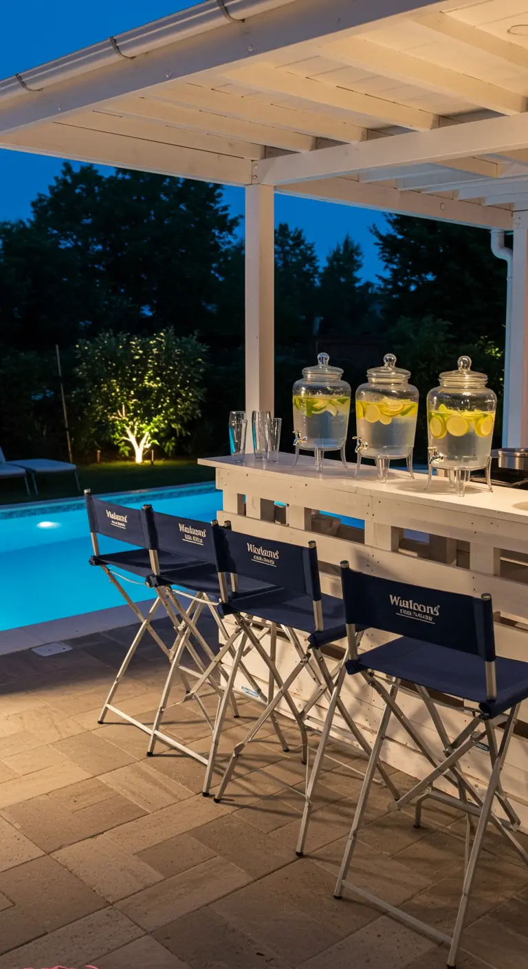 Weiße Palettenbar neben einem Pool mit großen Glas-Getränkespendern.