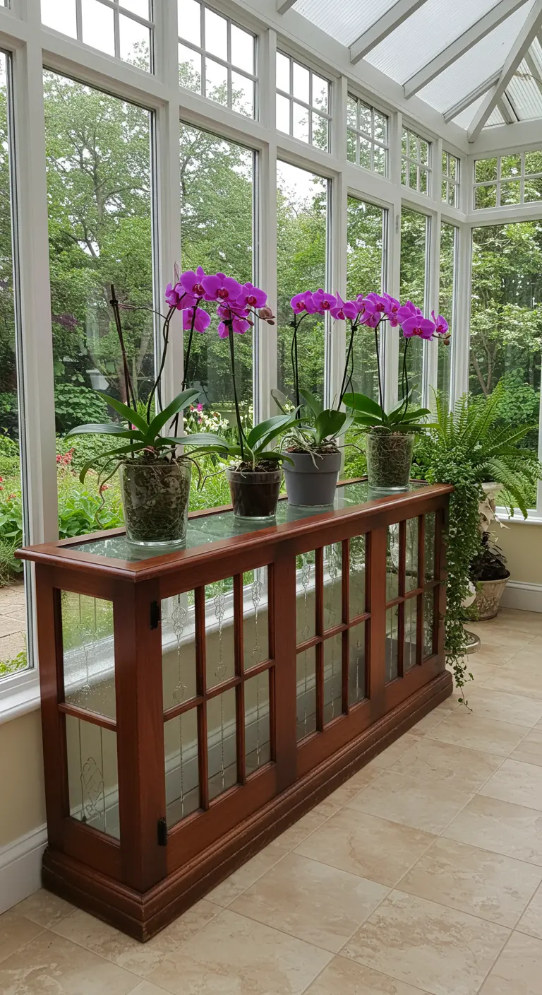 Konsolentisch aus dunklen Holztüren mit Glasplatte, auf dem Orchideen stehen.
