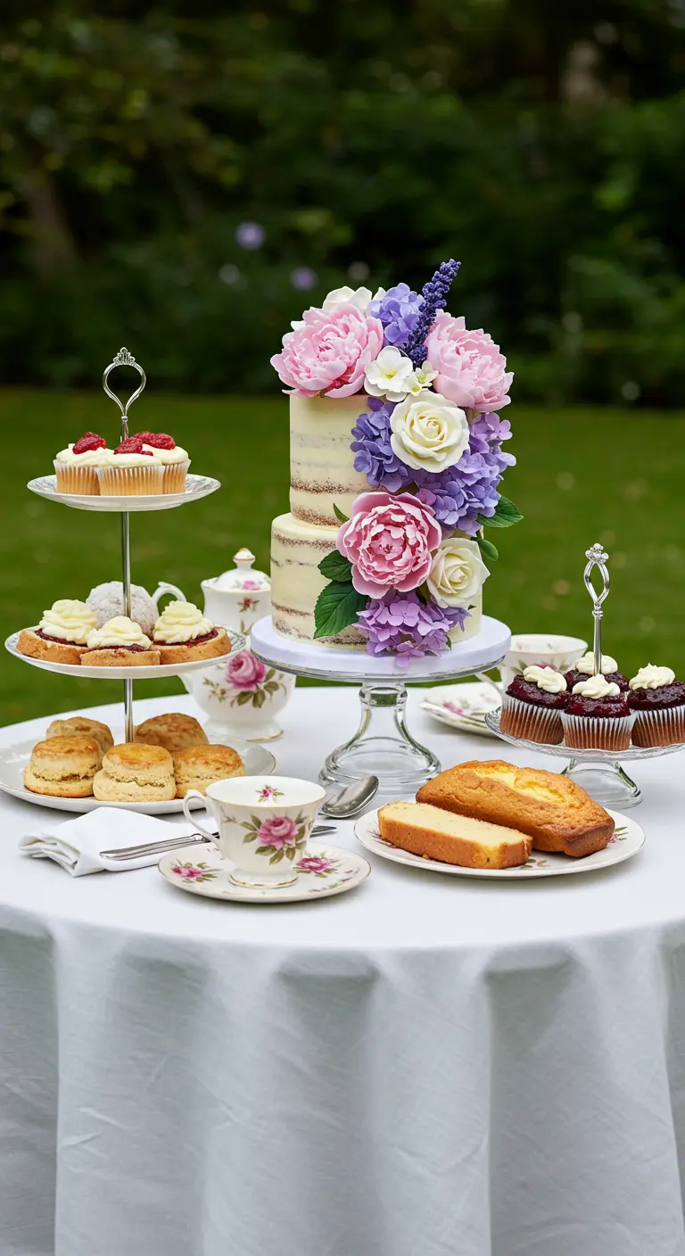Naked Cake mit einer Kaskade aus echten Blumen auf einer Teetafel im Garten.