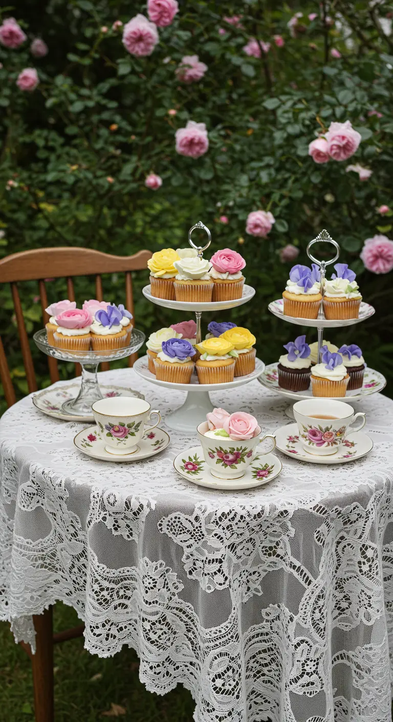 Kaffeetafel mit Spitzendecke, Cupcakes auf Etageren und Vintage-Porzellan im Rosengarten.