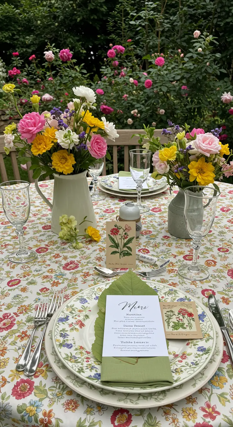 Menü- und Platzkarte mit botanischen Blumenmotiven auf einem blumigen Tischtuch.