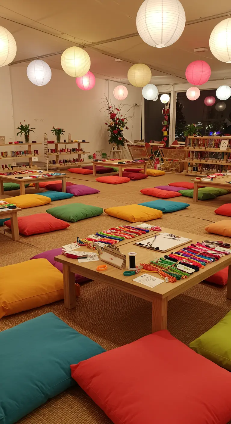 Eine gemütliche Bastellounge mit niedrigen Tischen und bunten Kissen zum Knüpfen von Armbändern.