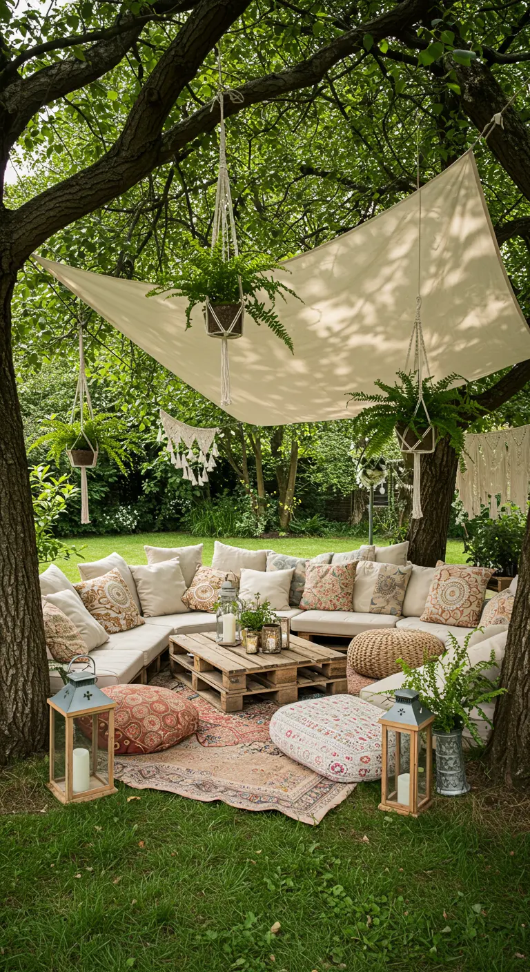 Eine gemütliche Lounge-Ecke im Garten aus Paletten, vielen Kissen und einem Sonnensegel aus Stoff.