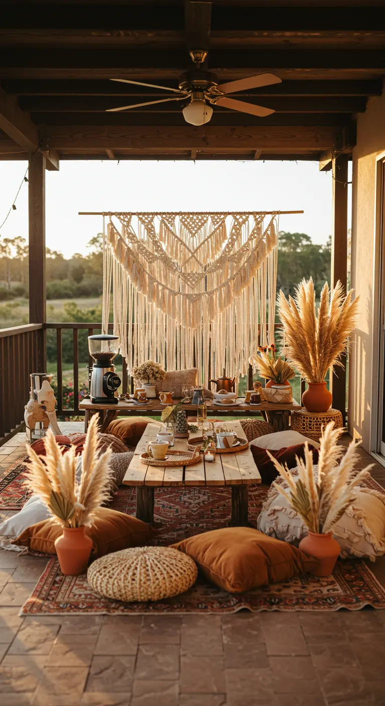 Boho-Kaffeebar mit niedrigem Tisch, Bodenkissen, Makramee-Wandbehang und Pampasgras.