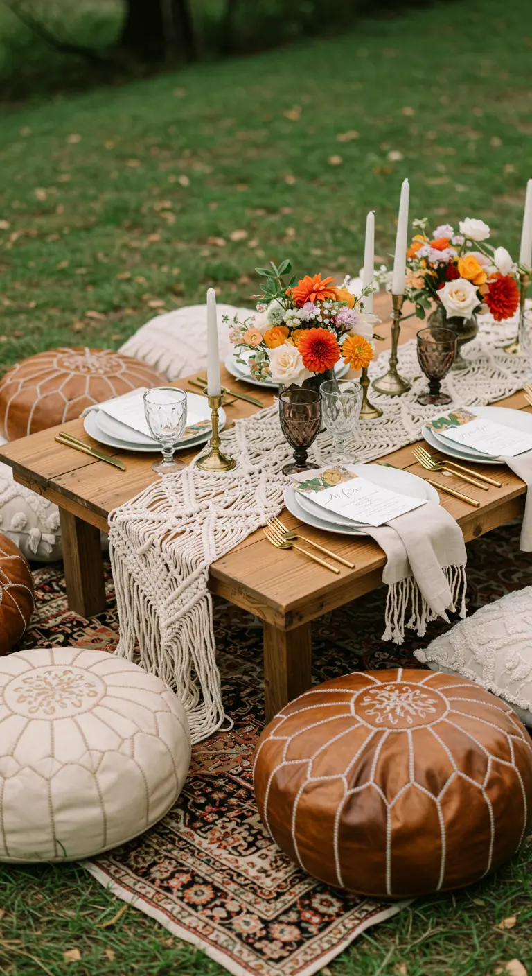 Gedeckter Picknicktisch im Boho-Stil mit Makramee-Läufer und Bodenkissen.