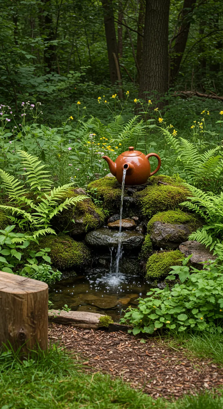 Terrakotta-Teekanne als Brunnen auf moosbewachsenen Steinen in einem Waldstück.