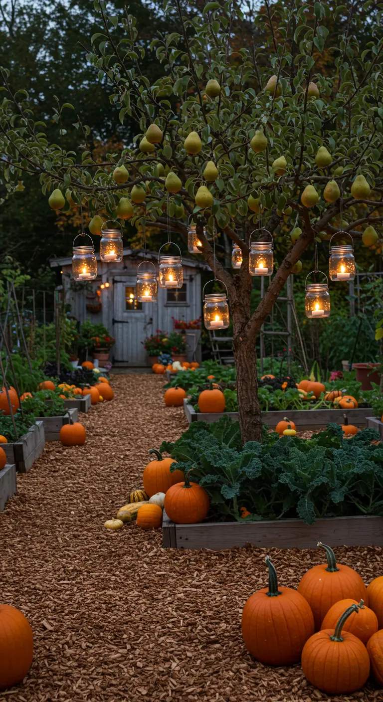 Herbstlicher Gemüsegarten mit Kürbissen und einem Birnbaum, der mit Kerzengläsern geschmückt ist.