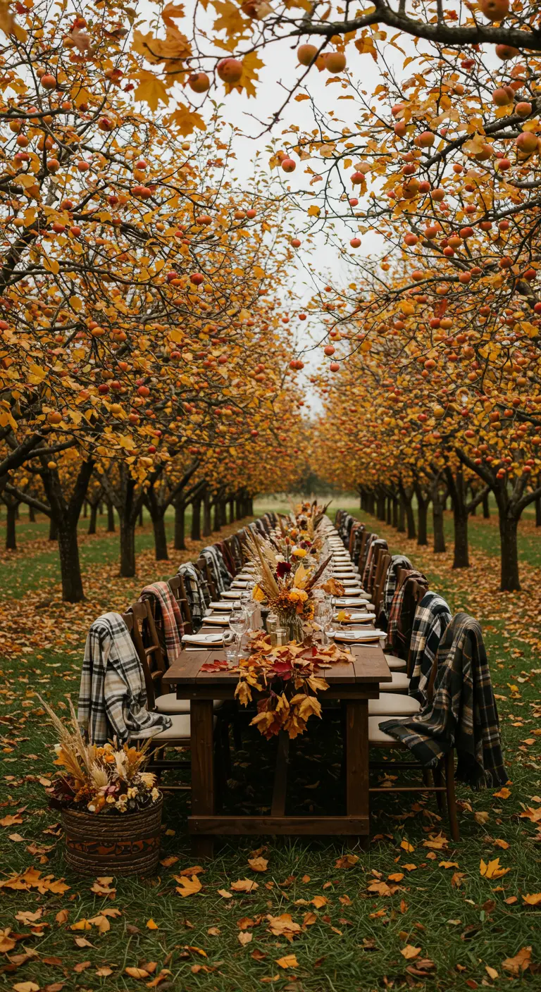 Langer Holztisch in einem herbstlichen Obstgarten, Stühle mit karierten Decken dekoriert