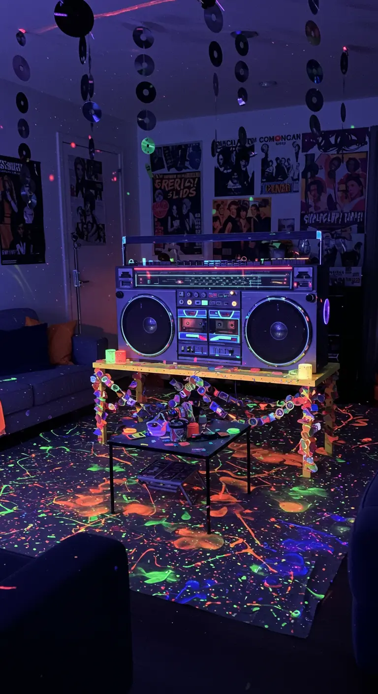 Ein Zimmer im Stil der 80er Jahre, dekoriert mit Postern, einem Ghettoblaster und leuchtenden Farbspritzern.