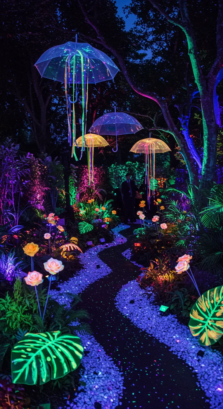 Ein Gartenweg bei Nacht, gesäumt von leuchtenden Blumen und hängenden, quallenförmigen Lichtern.