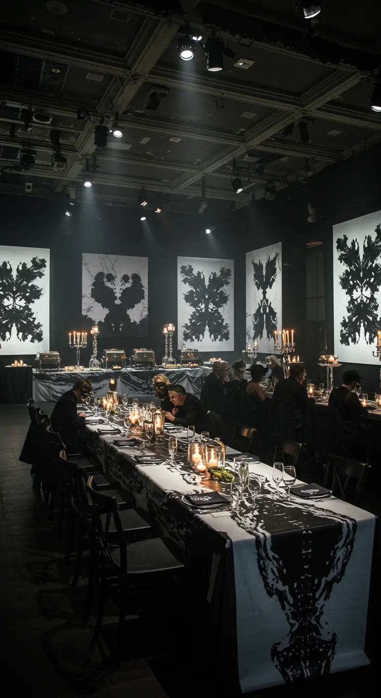 Dunkler Festsaal mit langen Tischen, beleuchtet von Kerzen, mit großen Rorschach-Bildern an den Wänden