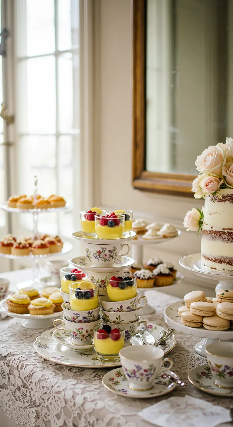 Gestapelte Vintage-Teetassen gefüllt mit individuellen Desserts und Beeren.