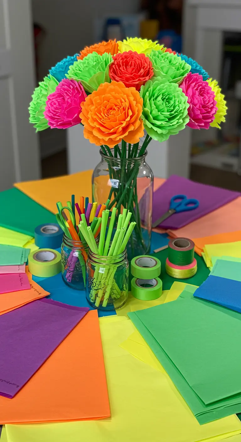 Ein bunter Tisch mit Seidenpapier, Scheren und Stielen zur Herstellung von Papierblumen.