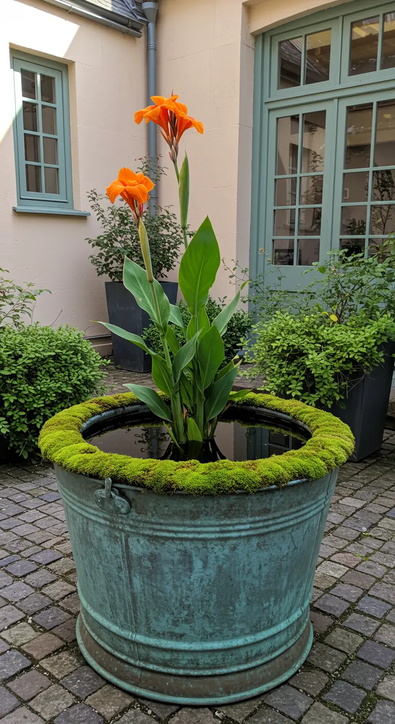Eine hohe, orange blühende Canna-Lilie in einem großen Mini-Teich mit Kupferpatina.