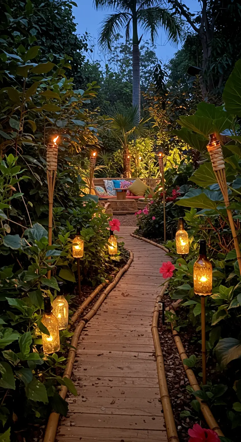 Ein üppig bewachsener Gartenpfad mit Holzsteg, gesäumt von Flaschenlichtern und Fackeln.